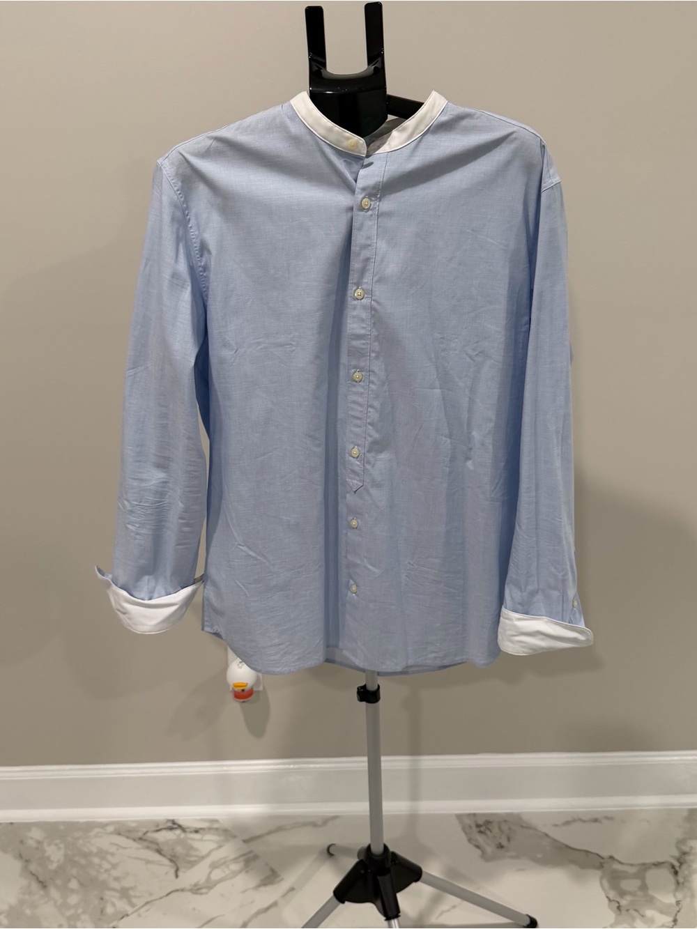 Light Blue Band-Collar Dress Shirt with White Trim